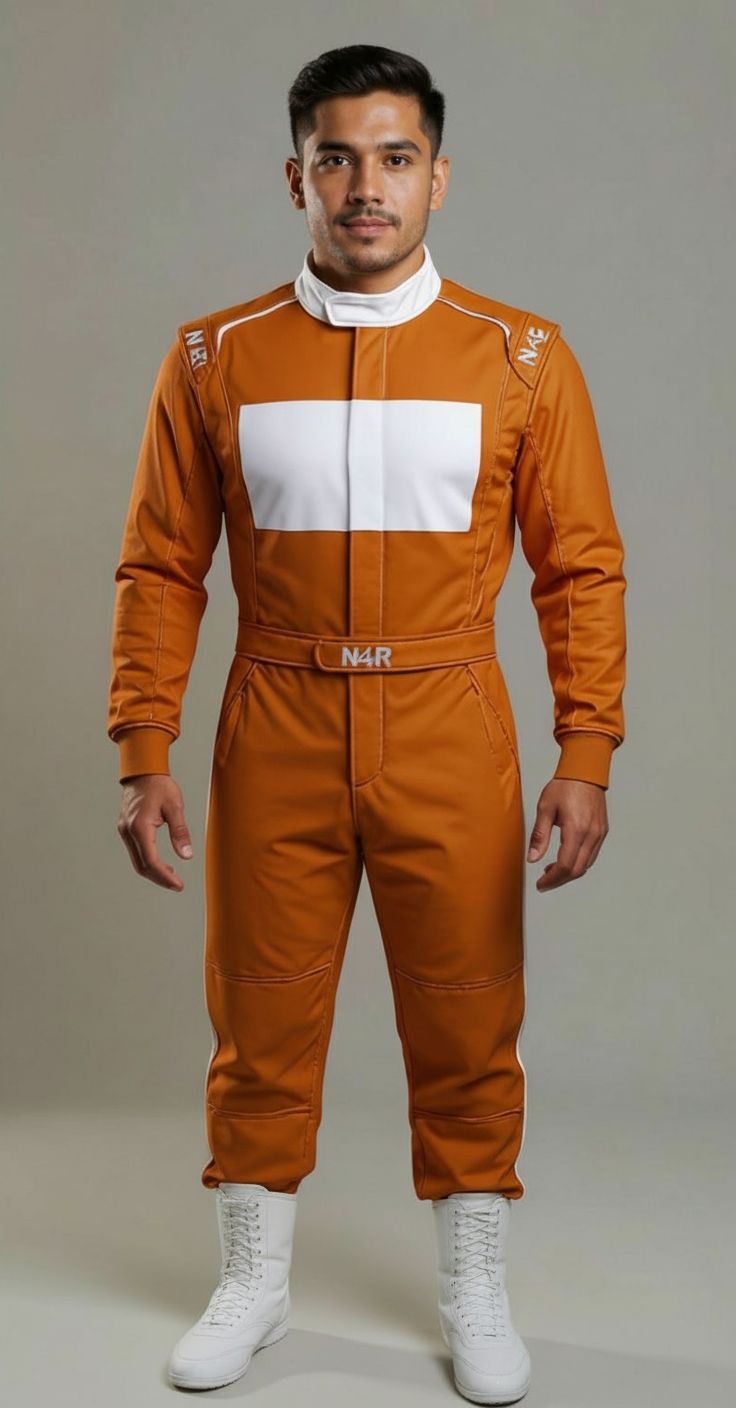 Model wearing the N4R Trademark International Orange racing suit.